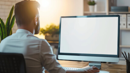 Sticker - A man, viewed from behind, works at his computer in a well-lit modern office space, epitomizing focus and productivity.