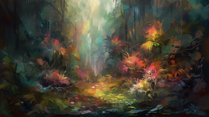 Lush foliage and vibrant flowers create a dense enchanting jungle scene