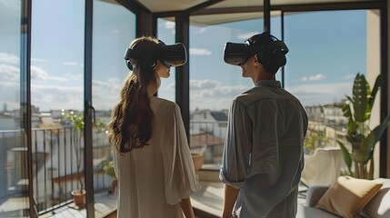 Poster - customers exploring immersive virtual real estate tour with vr headsets for futuristic home buying e