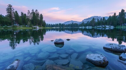 A peaceful lakeside scene at dusk, with clear, still waters reflecting the surrounding pine forest and the pastel colors of the sky.