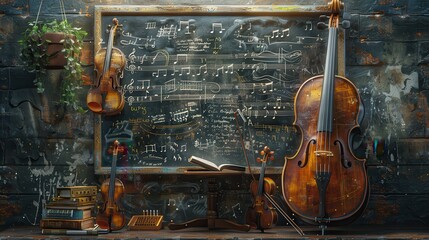 teacher delivering a didactic lesson on music theory with instruments and notes, classical, warm ton