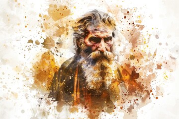 Wall Mural - Biblical Patriarch. Portrait of an old man with a long beard and mustache. Digital watercolor painting.