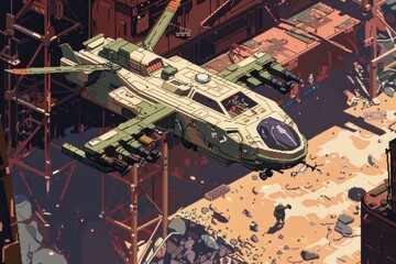 Wall Mural - A pixel art rendition of a small tactical drone navigating a pixelated, retro-inspired battlefield
