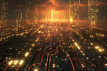 Poster - A vast, abstract circuit board landscape, pulses of energy flowing along pathways, with imposing firewall structures in the distance, vaporwave