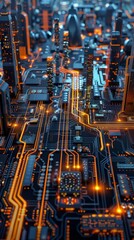 Poster - A vast, abstract circuit board landscape, pulses of energy flowing along pathways, with imposing firewall structures in the distance, vaporwave