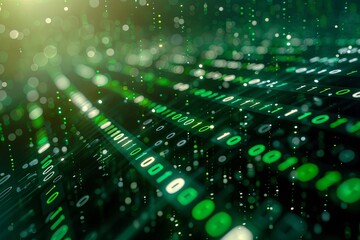 Green dark binary code data streaming background created with Generative AI