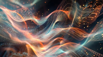 Poster - Abstract visualization of network traffic, swirling shapes and colors representing data packets flowing to the cloud