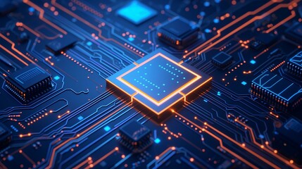 Poster - Futuristic blue circuit board with an illuminated chip at the center, showcasing interconnected pathways and components.