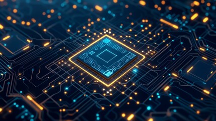 Poster - A glowing electronic chip on a dark blue background, showcasing intricate circuitry and modern technology.