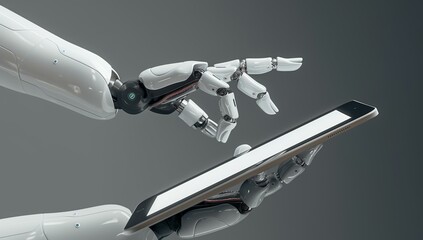 Poster - A robotic hand holding a tablet and interacting with the screen.