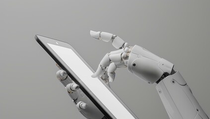 Poster - A robotic hand interacting with a tablet on a plain grey background.