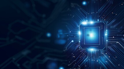 Poster - A digital illustration of an illuminated computer microchip on a dark blue background, representing advanced technology and electronics.