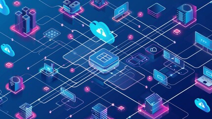 Poster - Blueprint-style flowchart representing cloud data migration, servers, storage, and network components connected by directional arrows