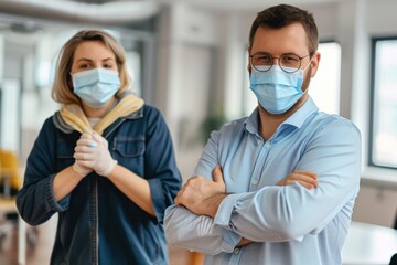 Wall Mural - Man and woman with protective masks greeting with elbows in office Two people, business team working with protective masks together in modern office, man and woman greeting with elbows