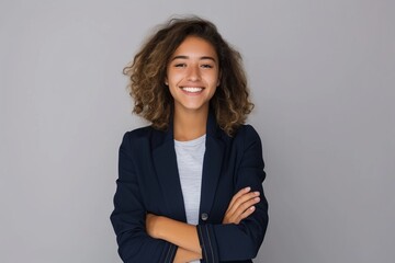 Wall Mural - Portrait of friendly young businesswoman Portrait of beautiful young woman wearing navy blue jacket, standing with arms crossed and smiling at camera. Studio shot of female entrepreneur 