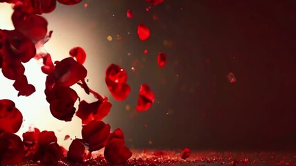 Wall Mural - Red rose petals falling slowly and gracefully against a glowing red background, with soft, ambient lighting enhancing the romantic mood, 4K wallpaper animation video