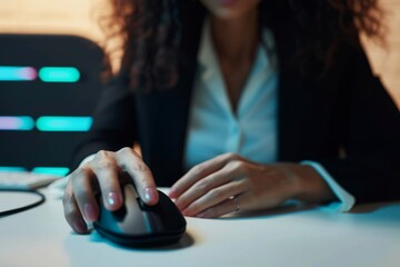 close up of a business woman using computer mouse