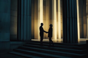 Wall Mural - A man and woman shake hands in the shadow of a portico behind a row of tall columns