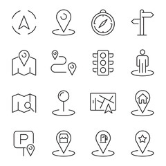 Set of thin line icons about navigation and location. Outline symbol collection