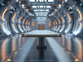 Poster - sleek metal table in futuristic tunnel setting for innovative tech display