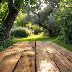 Wall Mural - serene wooden table in peaceful garden for natural product display