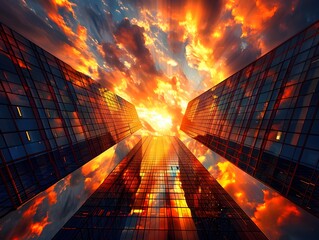 Poster - Fiery Sunset Reflecting on Tall Urban Glass Skyscrapers Dramatic Modern City Skyline