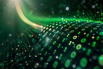 Green dark binary code data streaming background created with Generative AI