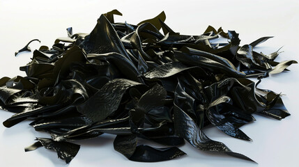 Heap of glossy black seaweed on white background, fresh marine algae, edible and nutritious ingredient, healthy food concept