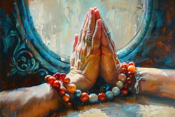 A person's hands are clasped in prayer, with a beaded rosary and a cross hanging from their wrist