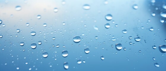 Wall Mural - Water drops on glass surface. Raindrops on blue glass background.