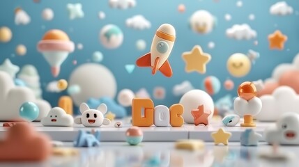 Sticker - Cute 3D Render of a Rocket and Stars with a Cloud Background.