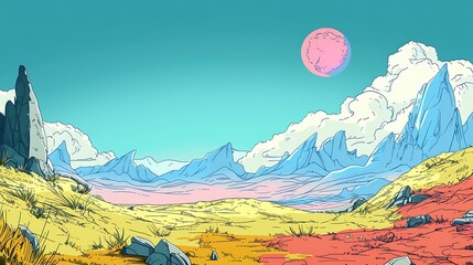 rocky desert landscape with blue mountains and pink moon