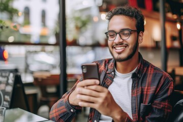 Man sitting in coffee shop Attractive young man sitting in coffee shop and texting on the phone