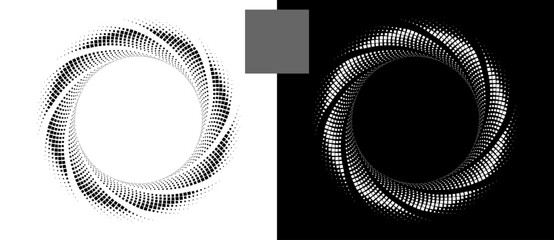 Wall Mural - Abstract background with halftone squares in spiral. Modern circle pattern. Futuristic concept, logo. Black shape on a white background and the same white shape on the black side.