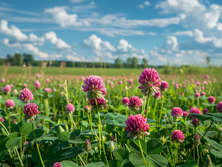 Canvas Print - Blooming Red Clover Field Under a Sunny Summer Sky