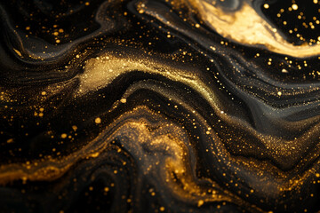 whirling gold particles in black fluid magical waves, abstract background