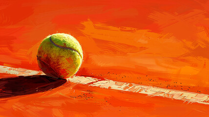 Tennis ball on clay court in sunlight