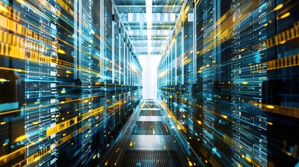Poster - Data Center Server Racks With Blue And Yellow Lights