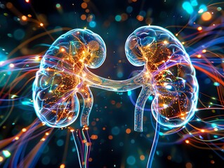 creative digital illustration of kidneys with vibrant colors and light effects, representing health,