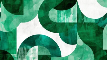 Abstract emerald green and white retro 70s overlapping shapes watercolor concept texture