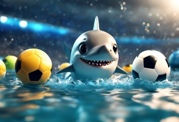 shark soccer balls illustration cartoon 3d cute water animal fish wildlife wild vector sea ocean marin children happy graphic fun sport ball character blue background