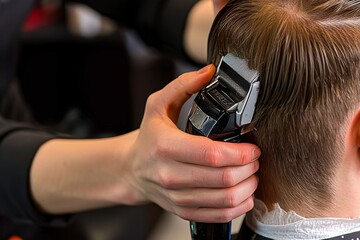 Hairdresser cutting clients hair with an electric hair clipper