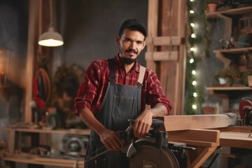 professional carpenter working with equipment on wooden table in carpentry shop.