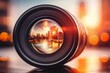 © tohceenilas - Close-up of a camera lens reflecting a vibrant cityscape at sunset, capturing the essence of urban photography and creative vision.