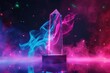 © furyon - futuristic holographic trophy sleek translucent award with dynamic light patterns floating above a reflective surface vibrant neon colors against a dark background