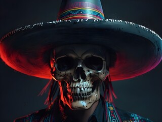 Wall Mural - Illustration of skull face with hat, Mexican themed artwork. Generative AI.