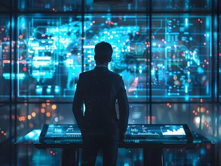 Poster - executive interacting with holographic displays in a futuristic high tech office cutting edge busine