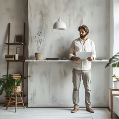 Poster - efficient business leader balancing remote work and personal life in minimalist home office