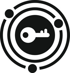 Poster - Simple black and white icon of a key surrounded by circles and dots, representing global security and protection