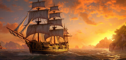 a painting of a sailing ship in the ocean at sunset with a cliff in the background and a sunset sky